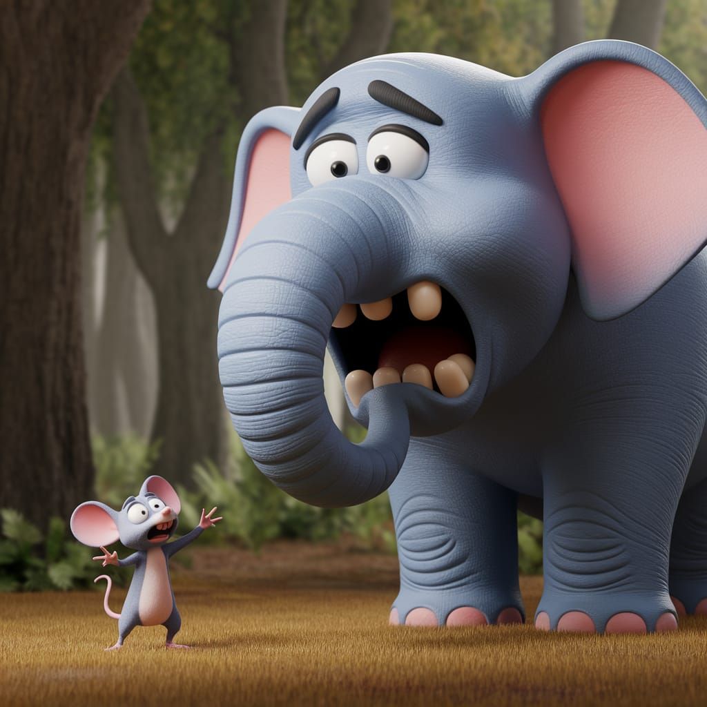 Comic 3D CGI Art: Mouse Scares Elephant in Forest