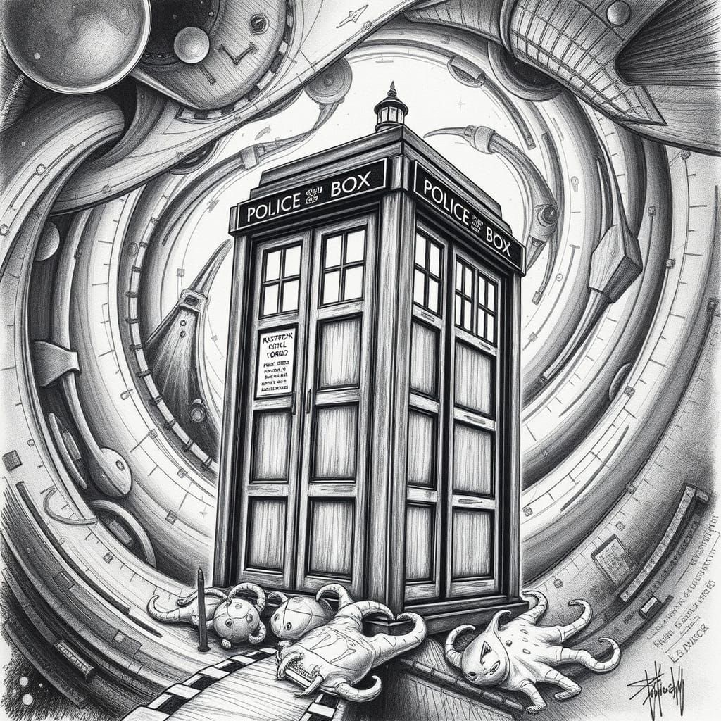 TARDIS in Swirling Time Vortex: Charcoal Rendering