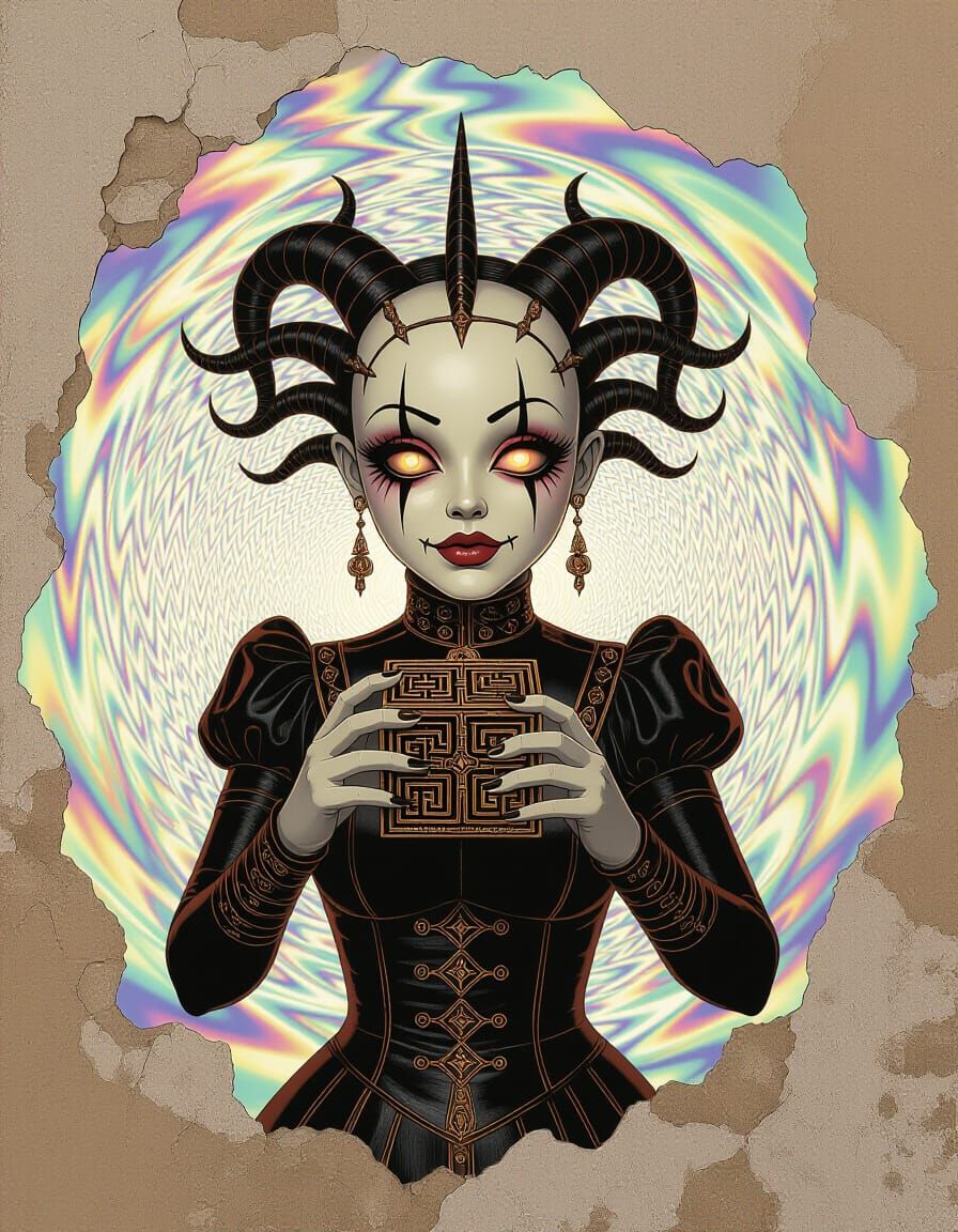 Cenobite Pinup with Hellraiser Box in Psychedelic Style