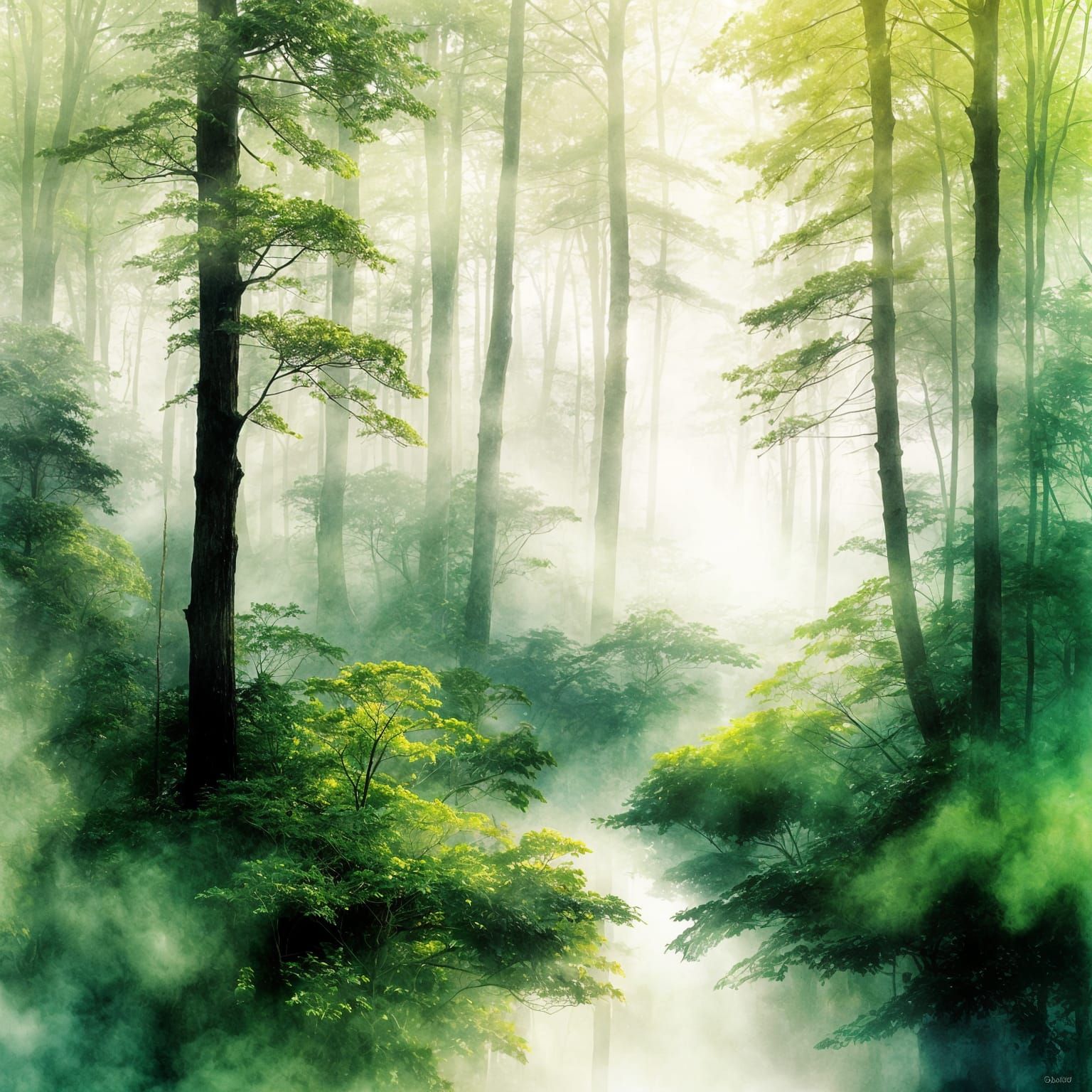 Misty Forest Landscape in Watercolor and Ink