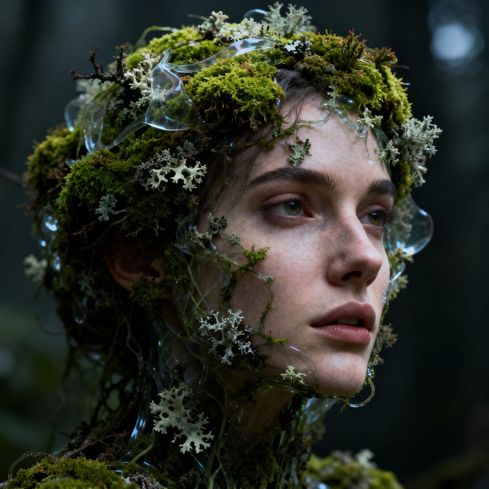 Hyperrealistic Female Head Entangled in Mosses and Lichens