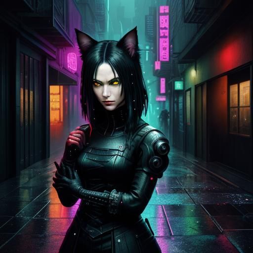 Cyberpunk Cat in Neo-Noir Alley: Anime Digital Art