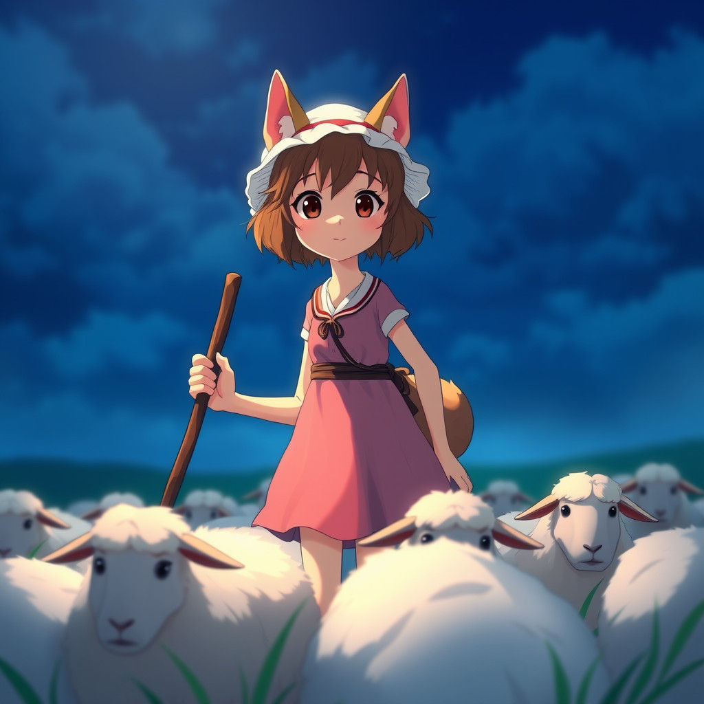 Anime Shepherdess Dog Girl Herding Sheep