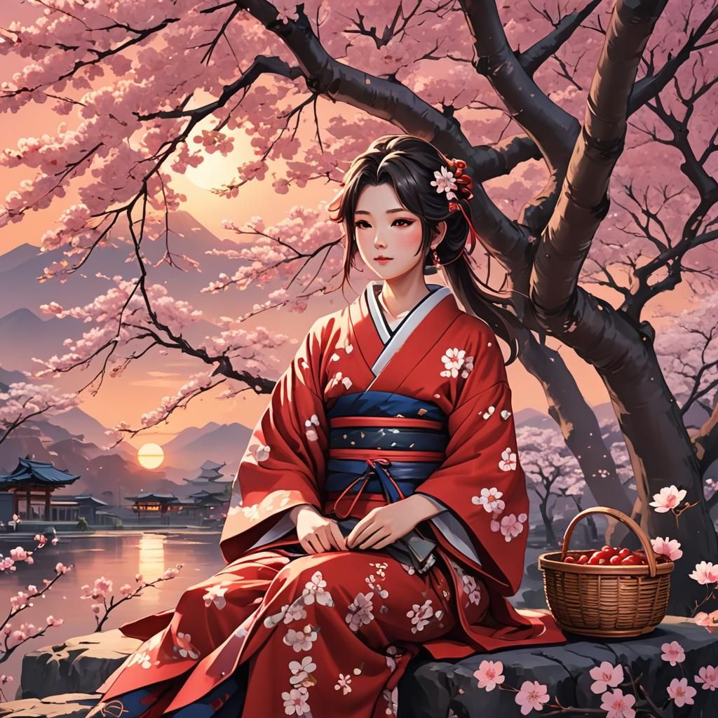 Japanese Woman in Kimono Under Cherry Tree