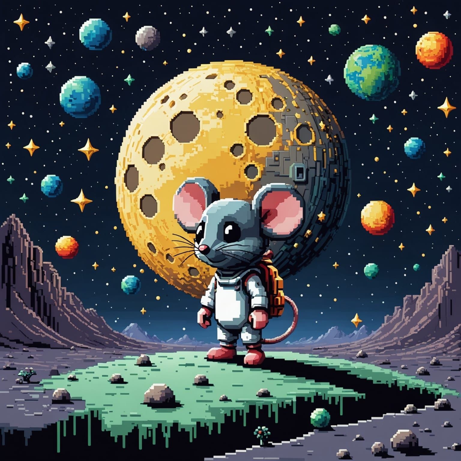 Chibi Mouse on Moon in 8-bit Pixel Art