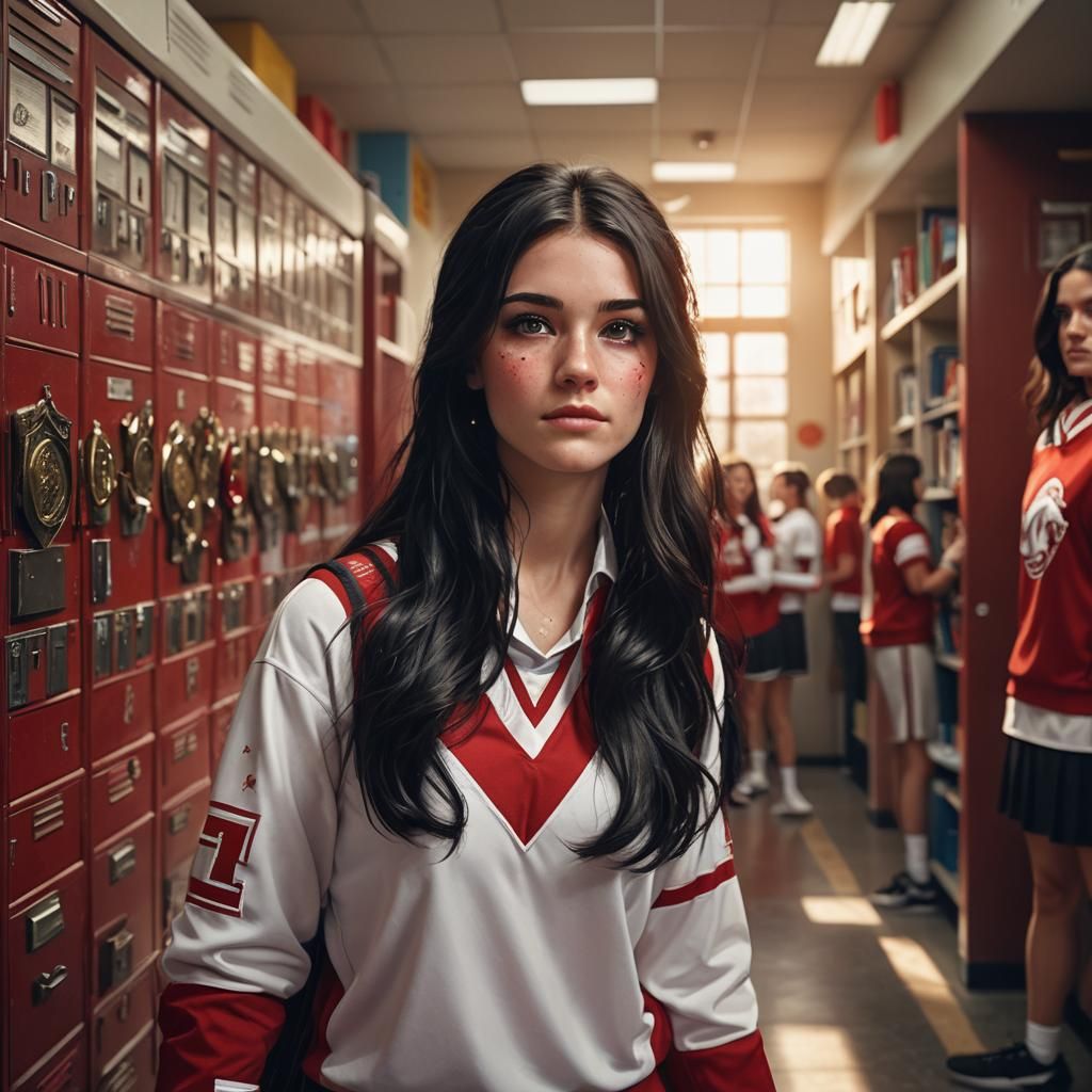 Young Cheerleader Portrait in School Hallway Concept Art