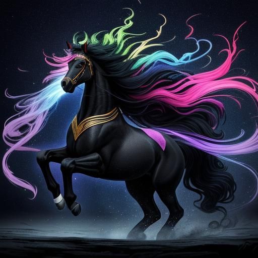 Majestic Dark Rainbow Stallion with Fiery Mane