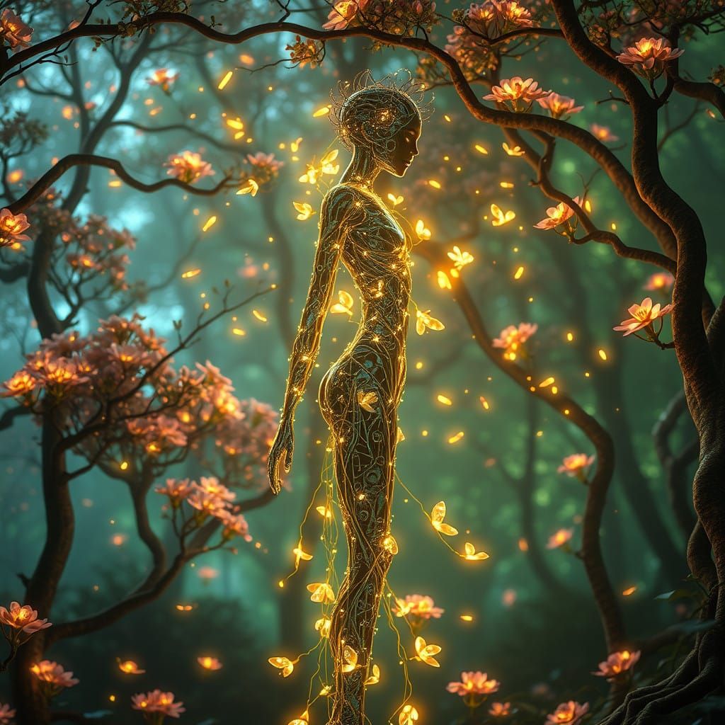 Cybernetic Being Radiates Ethereal Glow in Bio-Digital Lands...