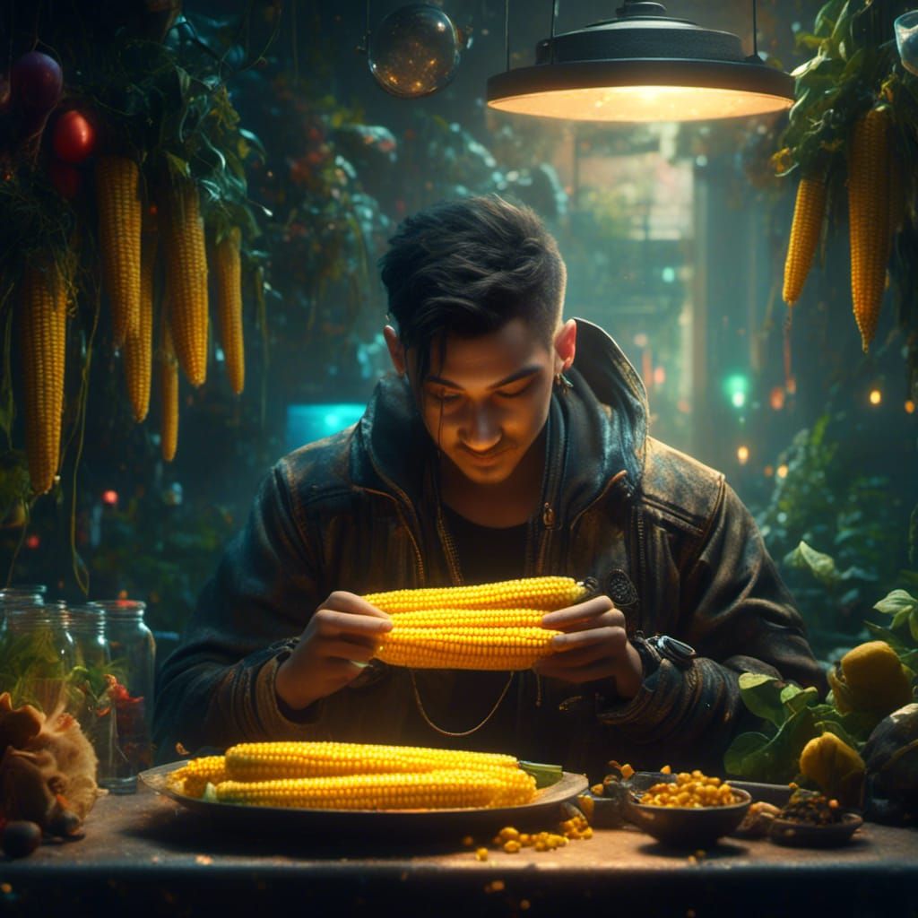 Cyberpunk Little Being Enjoys Corn and Cosmic Vibes