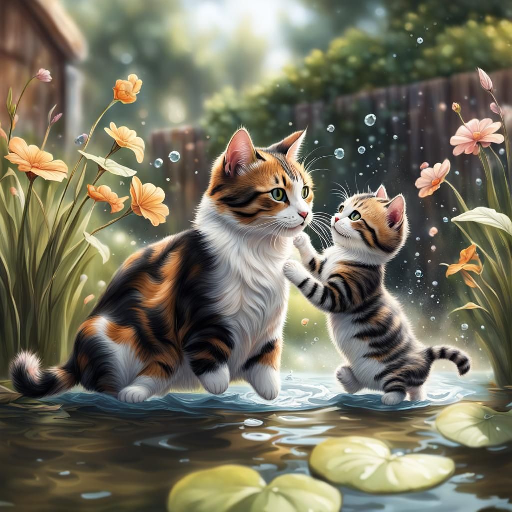 Cats Playing in Garden: Hyperrealistic Splash Art