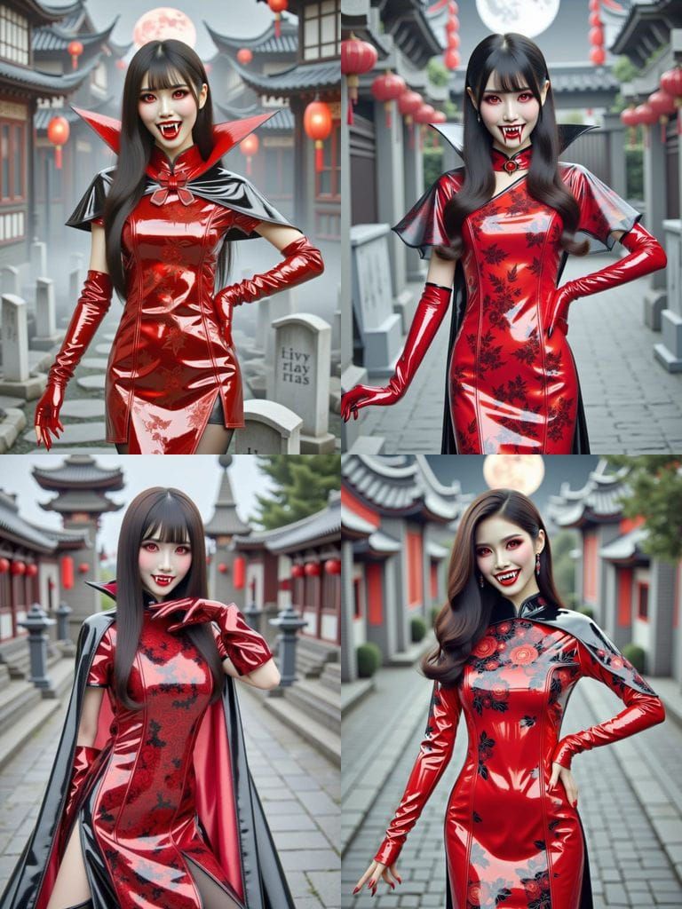 Chinese Vampire in Red Cheongsam Under Red Moon