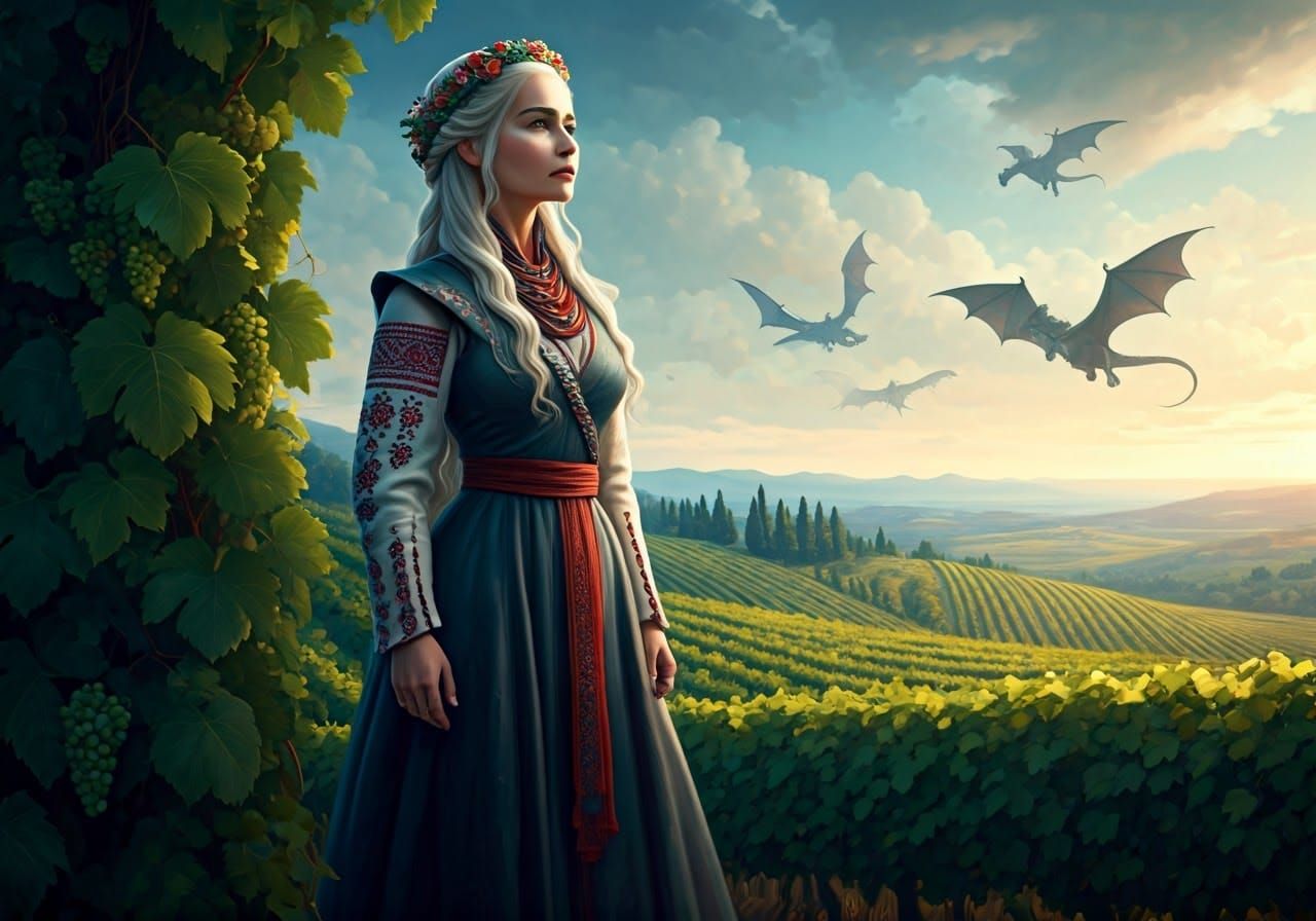 Daenerys Targaryen, dressed in a Ukrainian cross-stitched folk long dress and a wreath of flowers on her head, stands on...