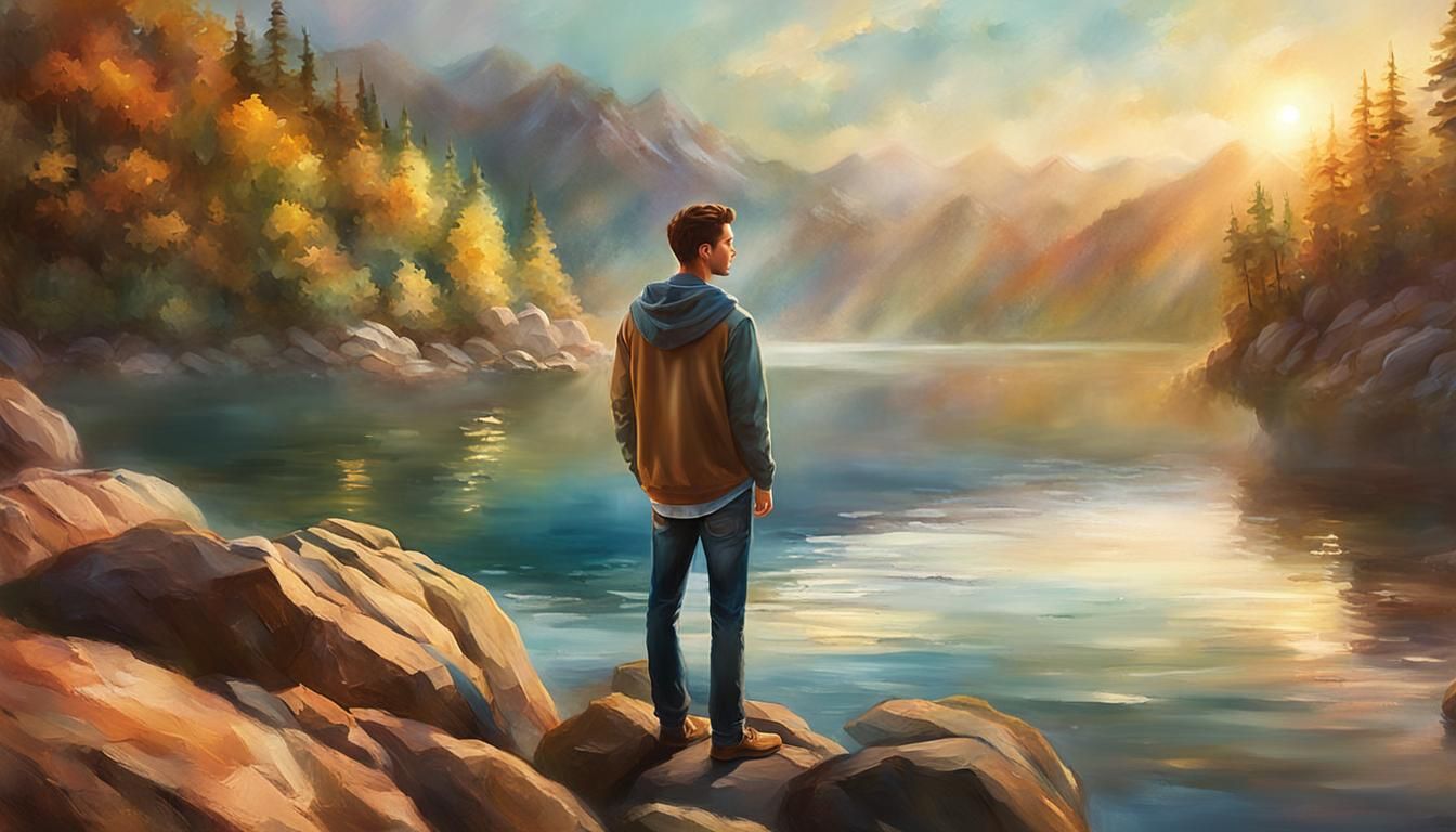 Hopeful Figure Overlooking Serene Lake: Digital Art