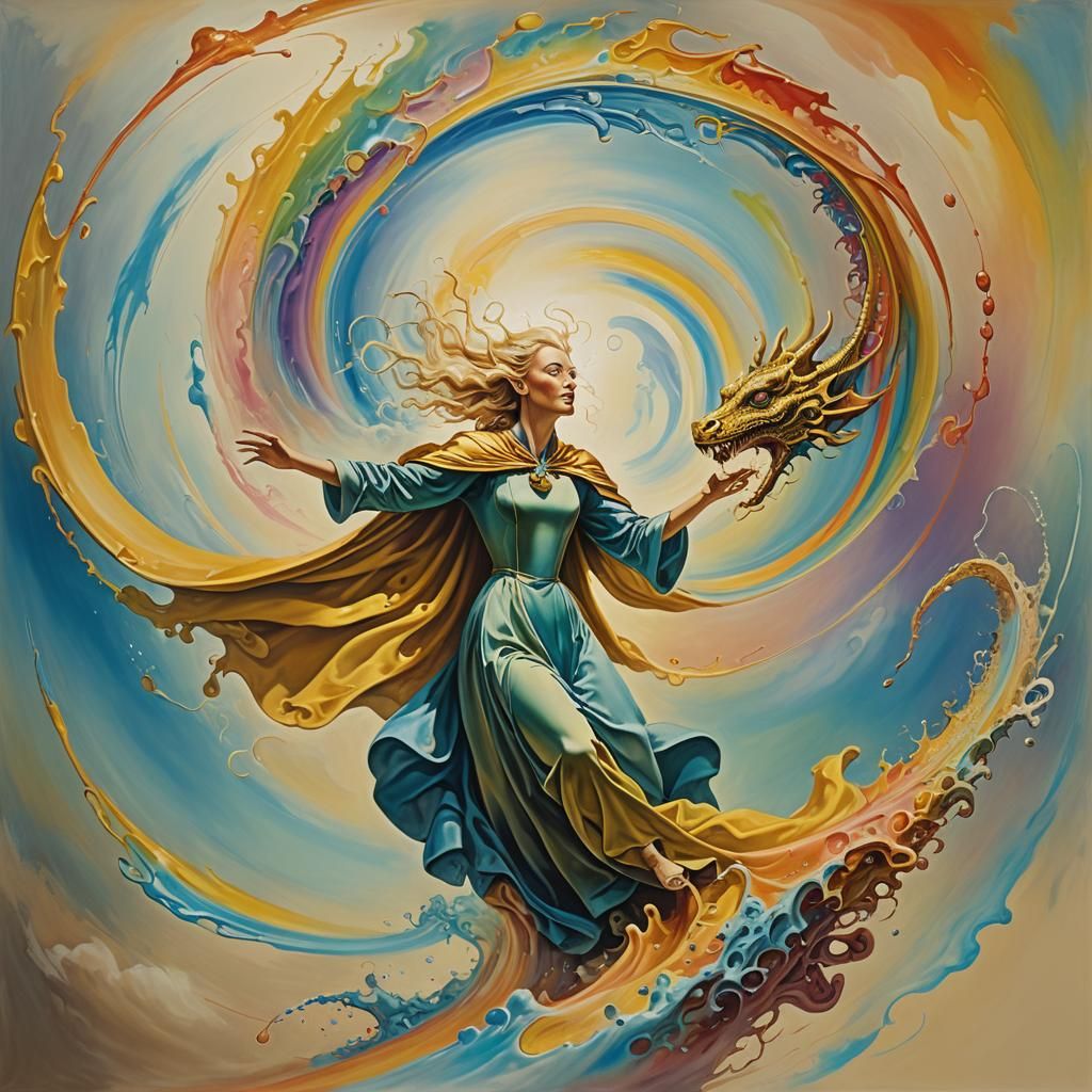 Surreal Dragon Mage Dissolving into Rainbow