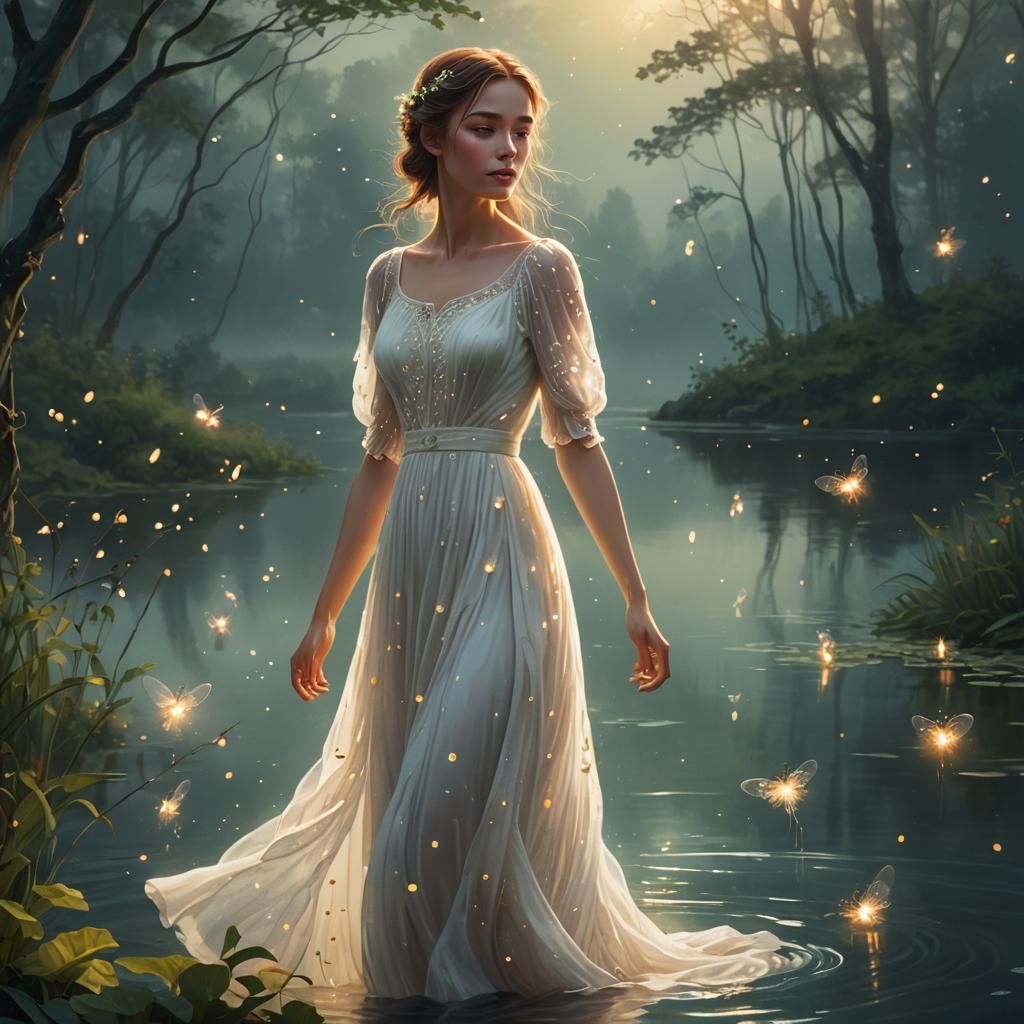 Fantasy Woman in White Dress by Misty Lake