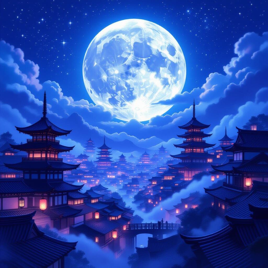 Fantasy Night Cityscape Inspired by Japanese Architecture