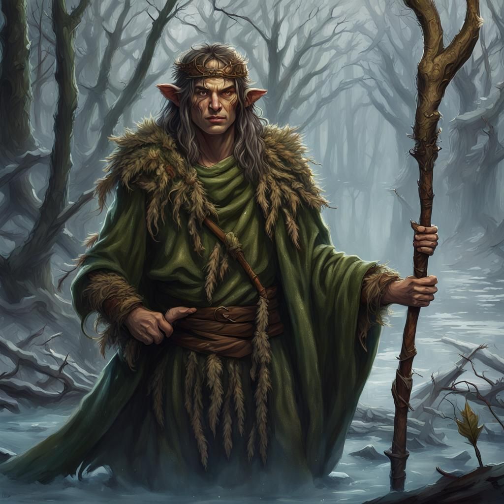 Young Swamp Druid on Winter Quest, Detailed Matte Painting