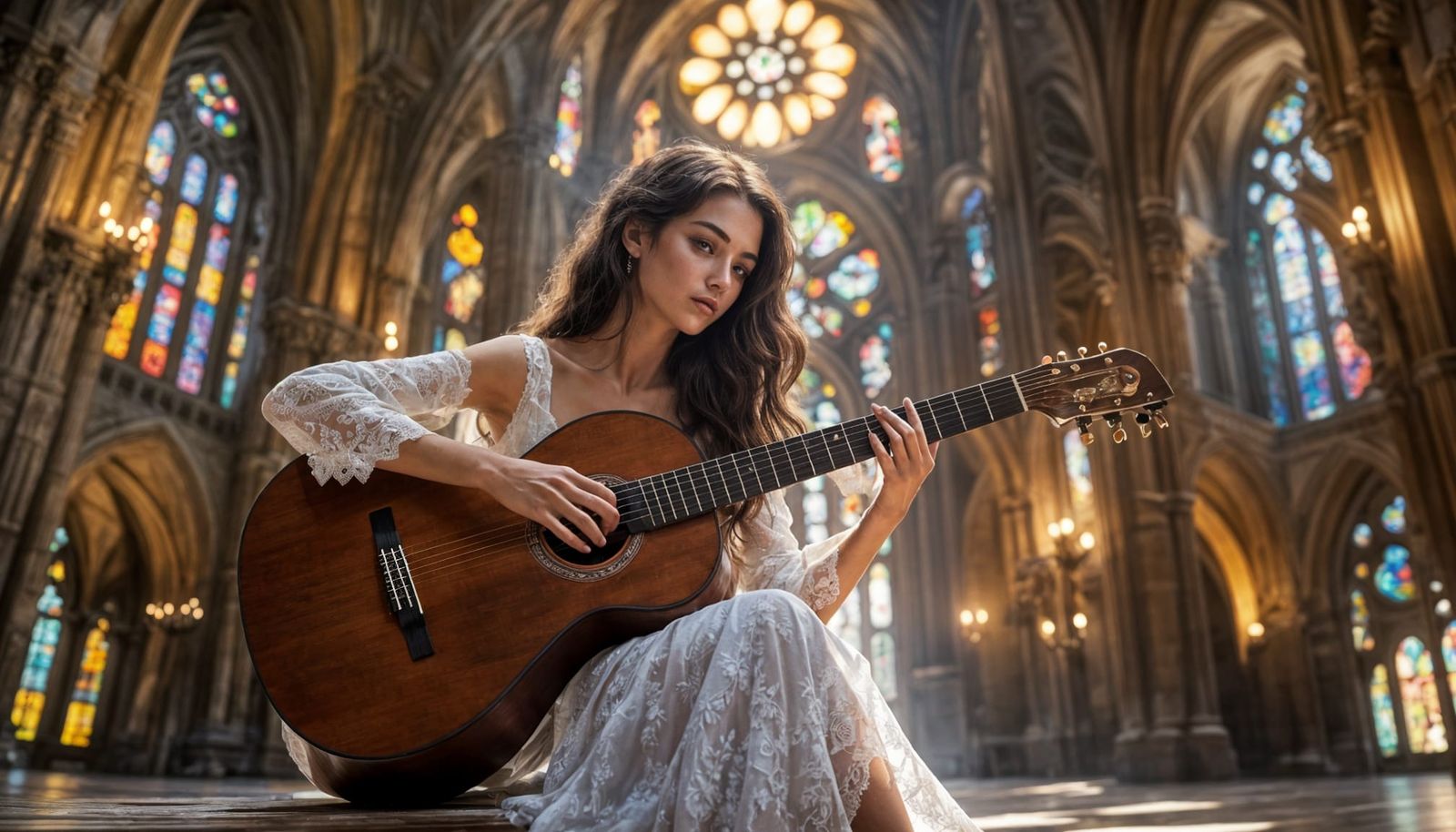 Elegant Spanish Guitarist in Stained Glass Light