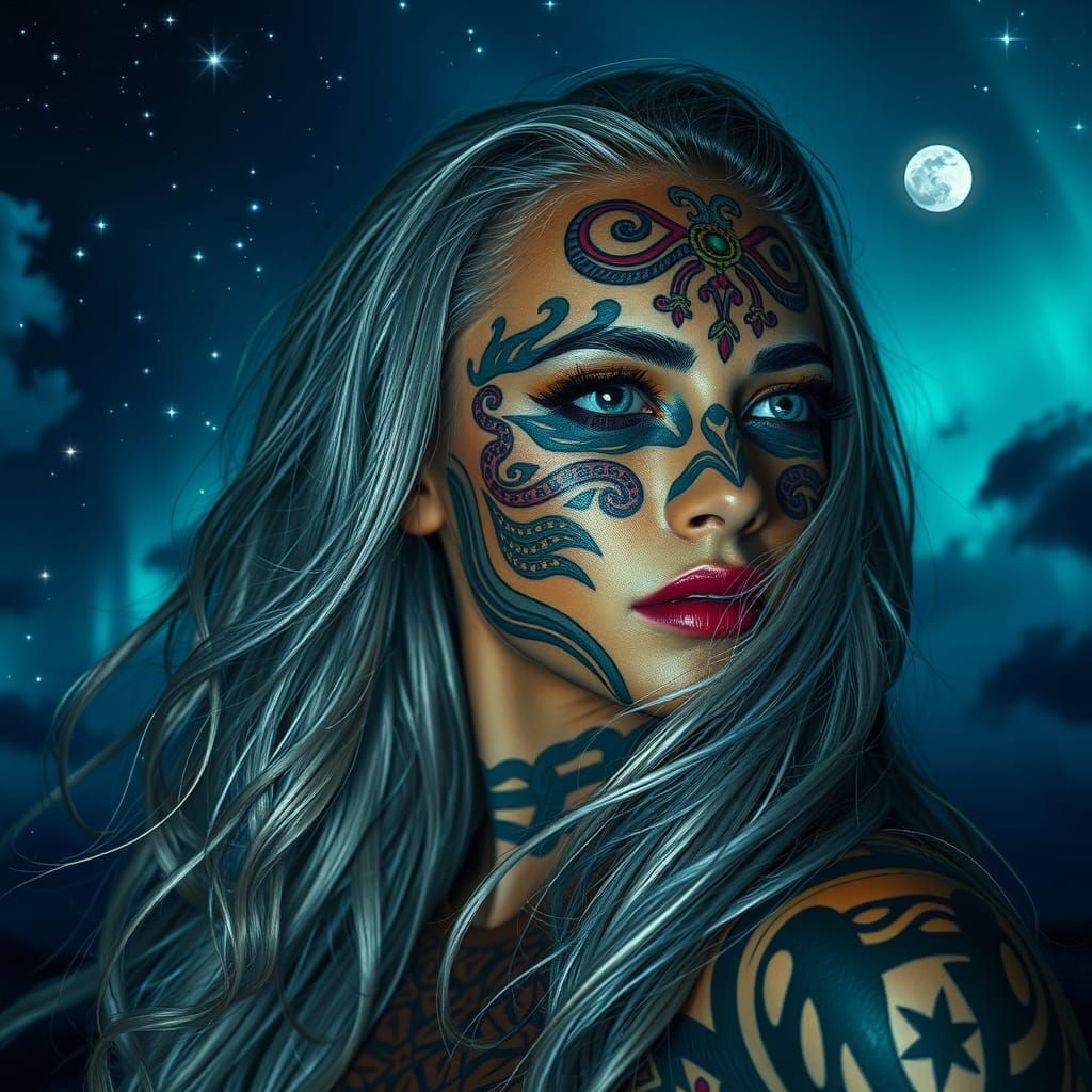 Woman with Silver Hair and Tribal Tattoos