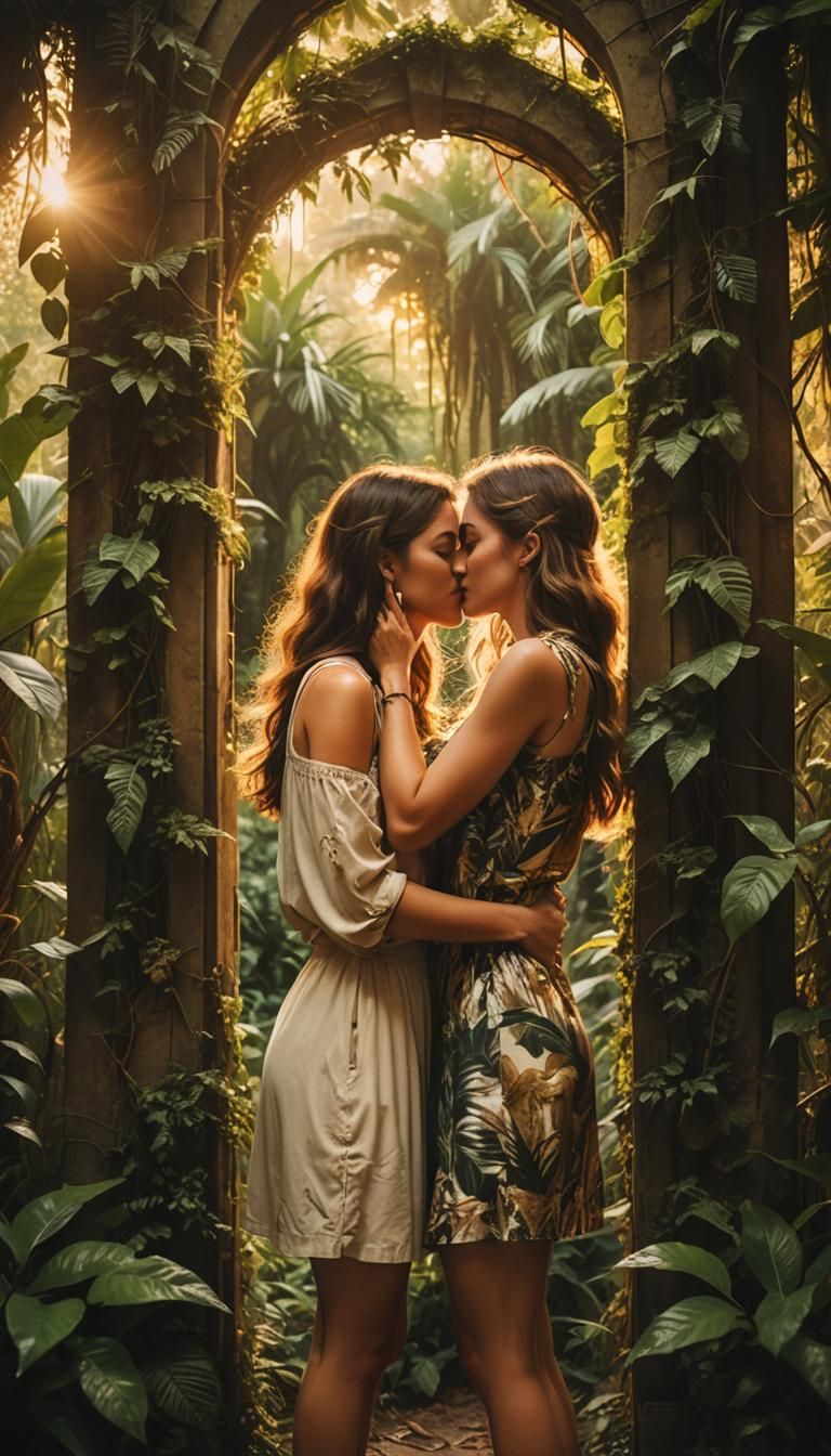 Girls Kissing at Jungle Door: Cinematic Film Still