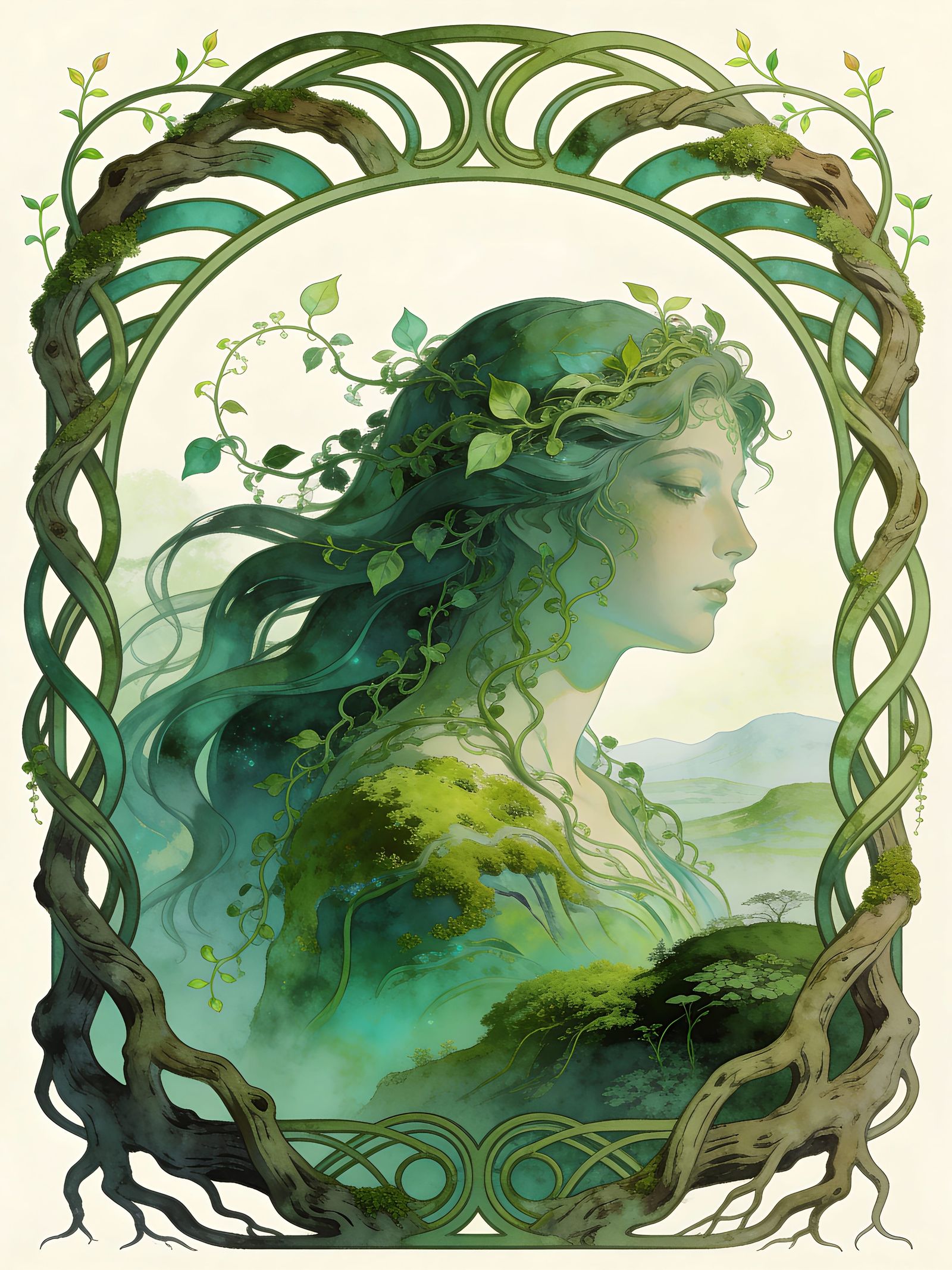 Earth Goddess Portrait in Lush Green Palette