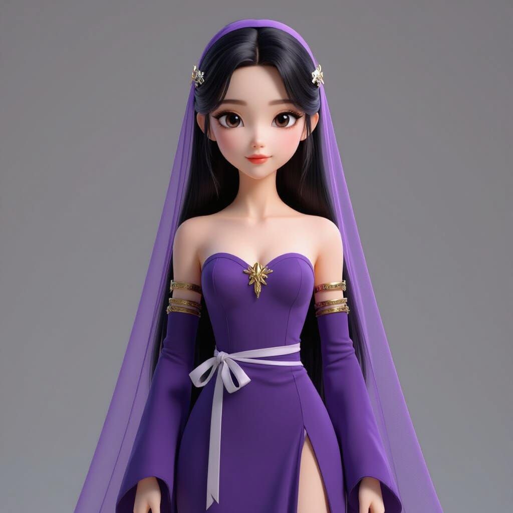 Regal Girl in 3D Donghua Style with Purple Flames