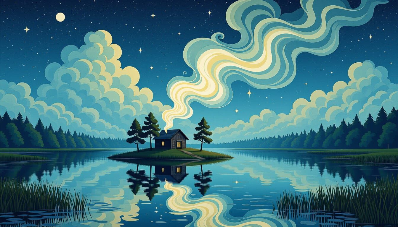 Marsh Lake Scene in Papercraft Folk Art Style