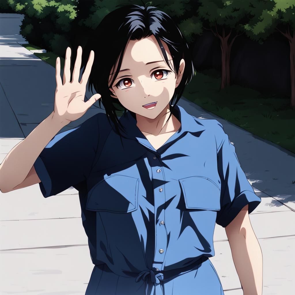 Anime Girl Waving in Driveway, Full Body Shot