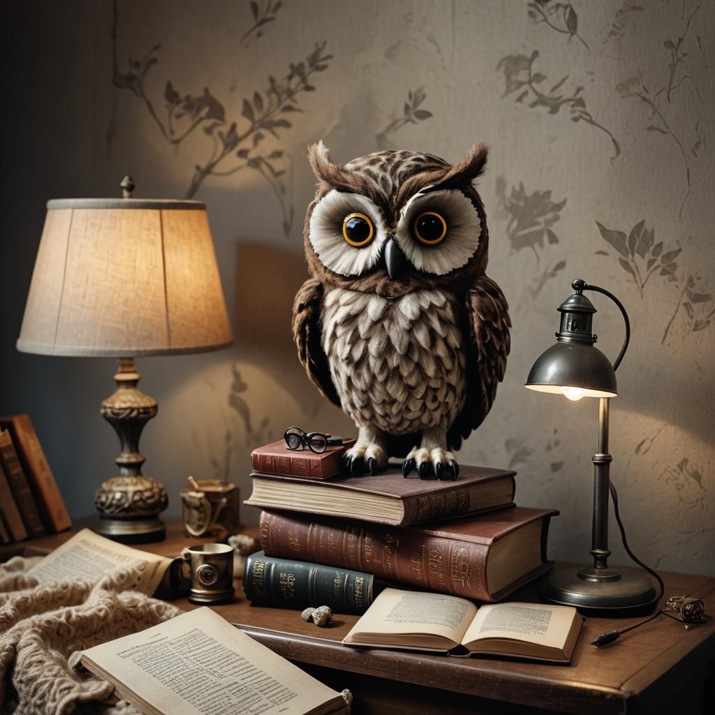 Whimsical Felted Owl Toy on Bedside Table