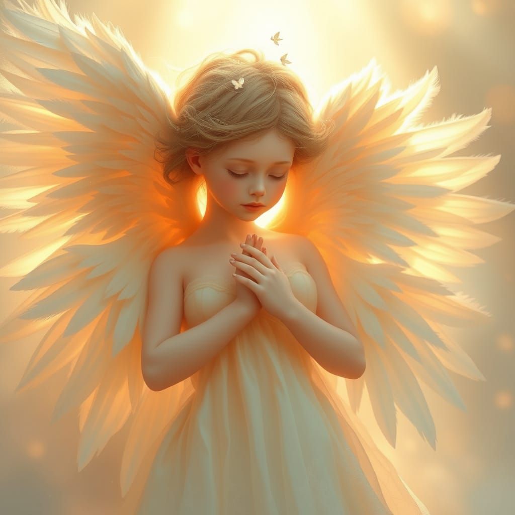 Ethereal Guardian Angel Surrounded by Soft Wings in Warm Gol...
