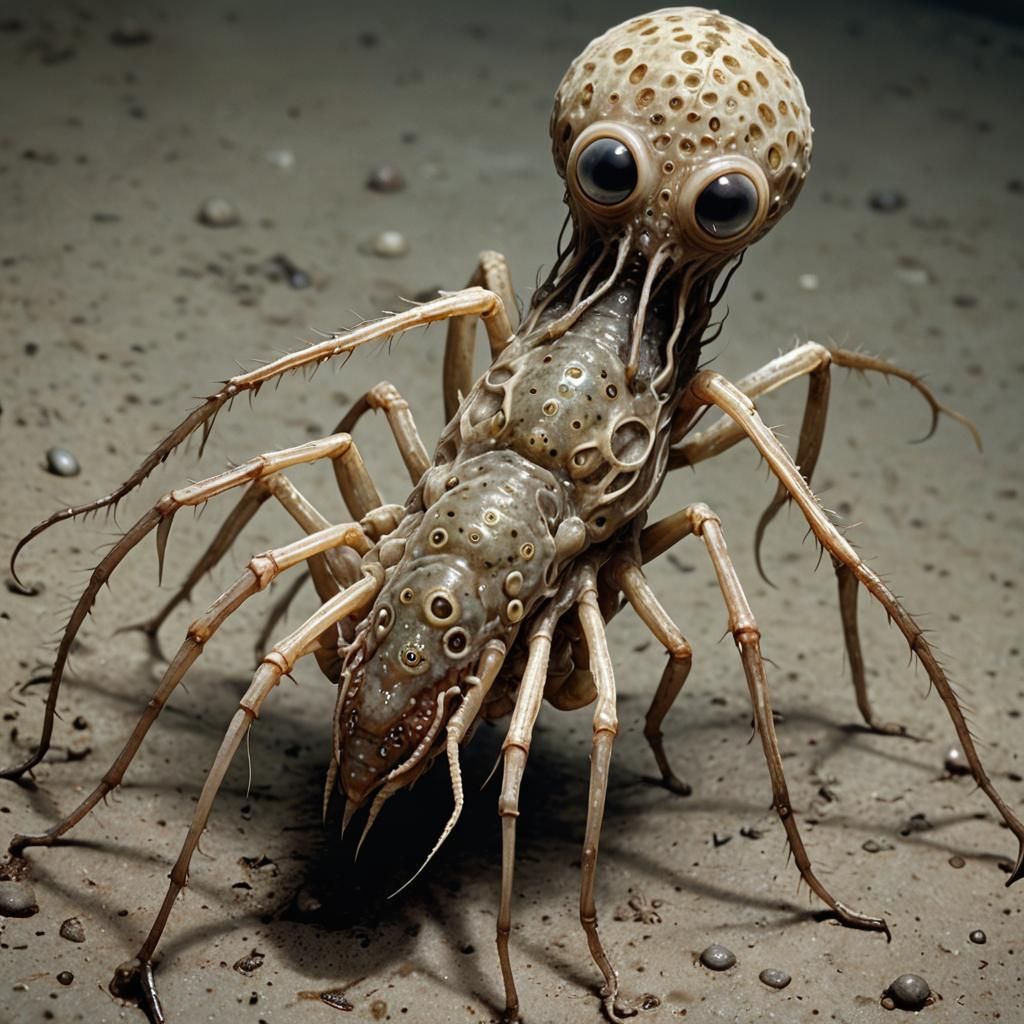 Unsettling Tripod Creature Crawling in Liminal Space