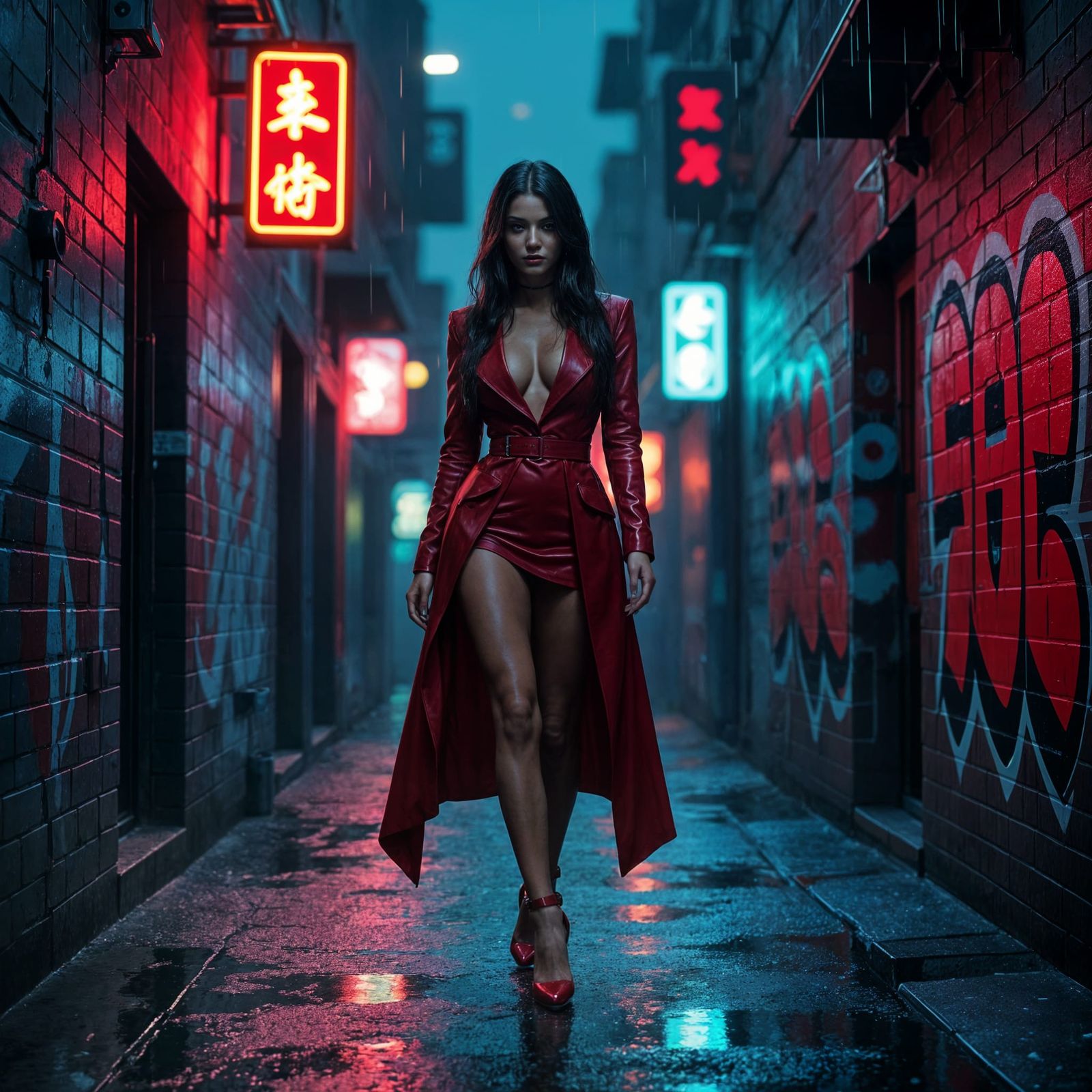 Modern Vampire Navigates Rainy Cyberpunk Alleyway