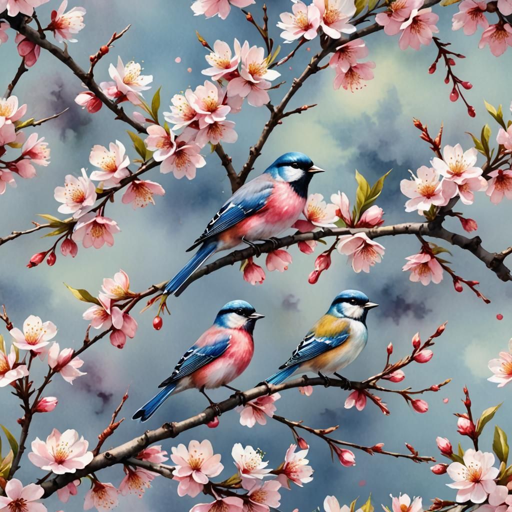 Cherry Blossom Watercolor with Birds in Pastel Shades