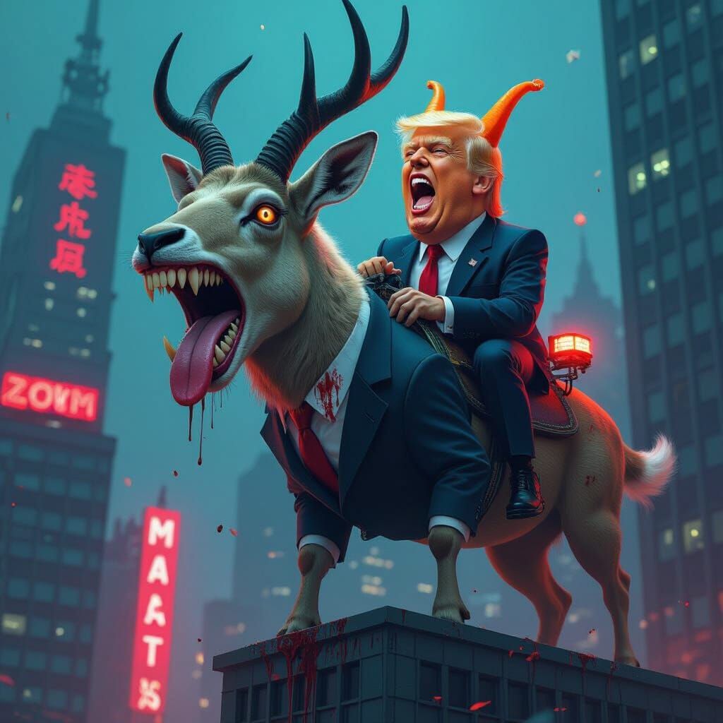 Surreal Antelope with Trump Creature on Neon Skyscraper