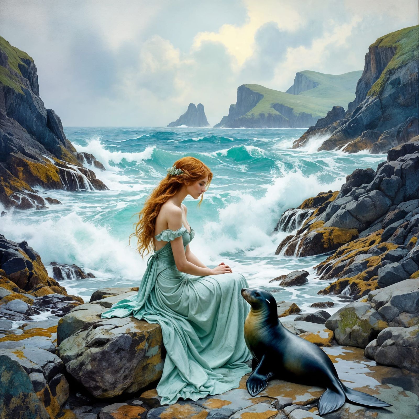 Ethereal Selkie on Scottish Coast Watercolor