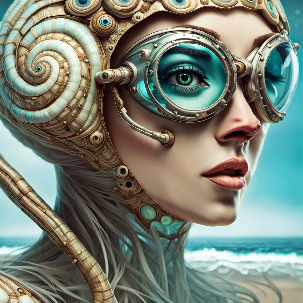 Snail Hybrid Woman with Futuristic Goggles in Digital Art