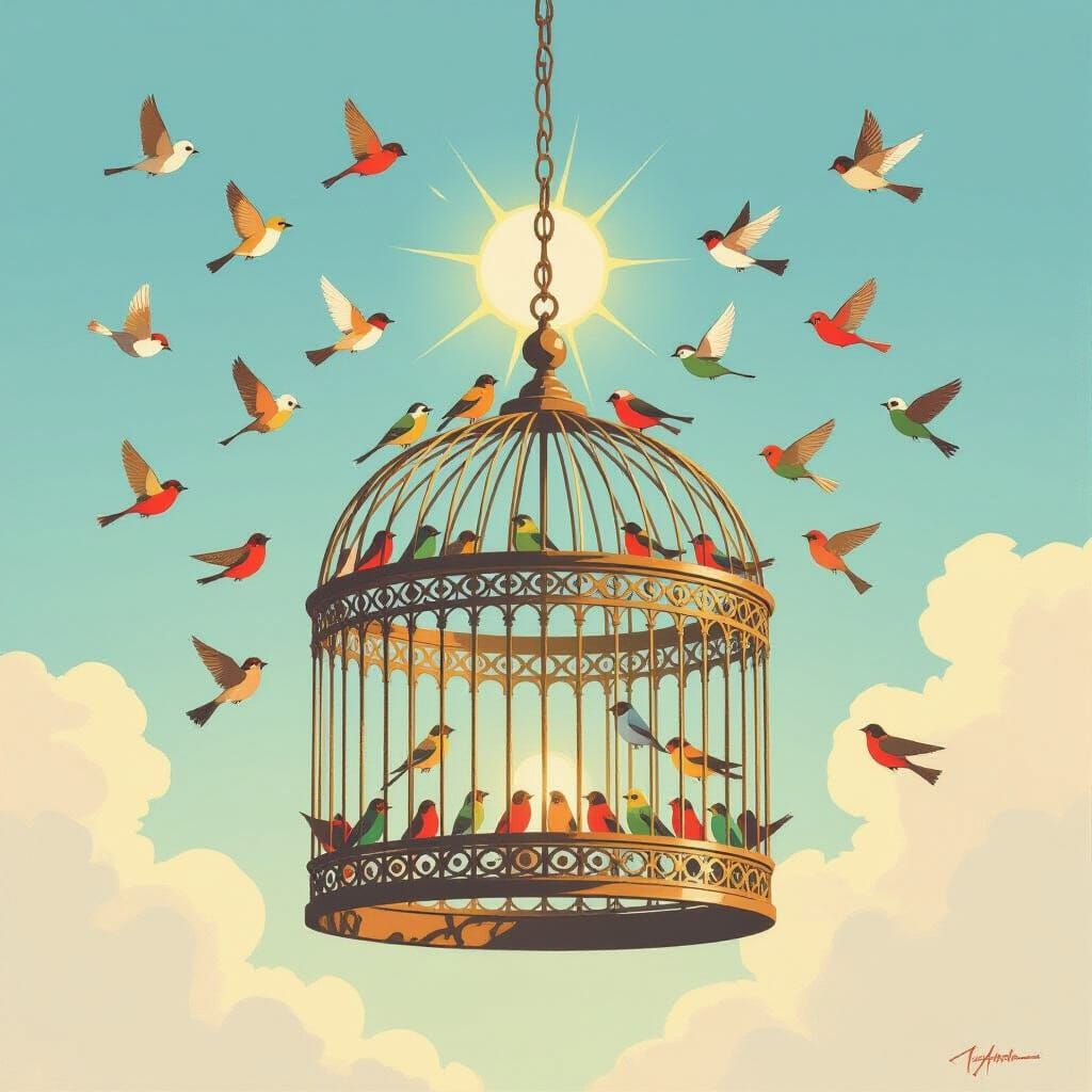 Ornate Birdcage Open as Birds Fly Free in Bright Sky