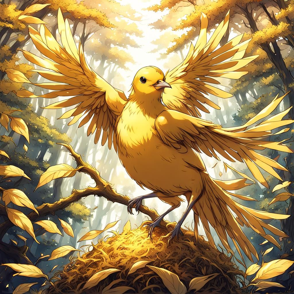 Golden Bird in Golden Forest: Anime-Inspired Art