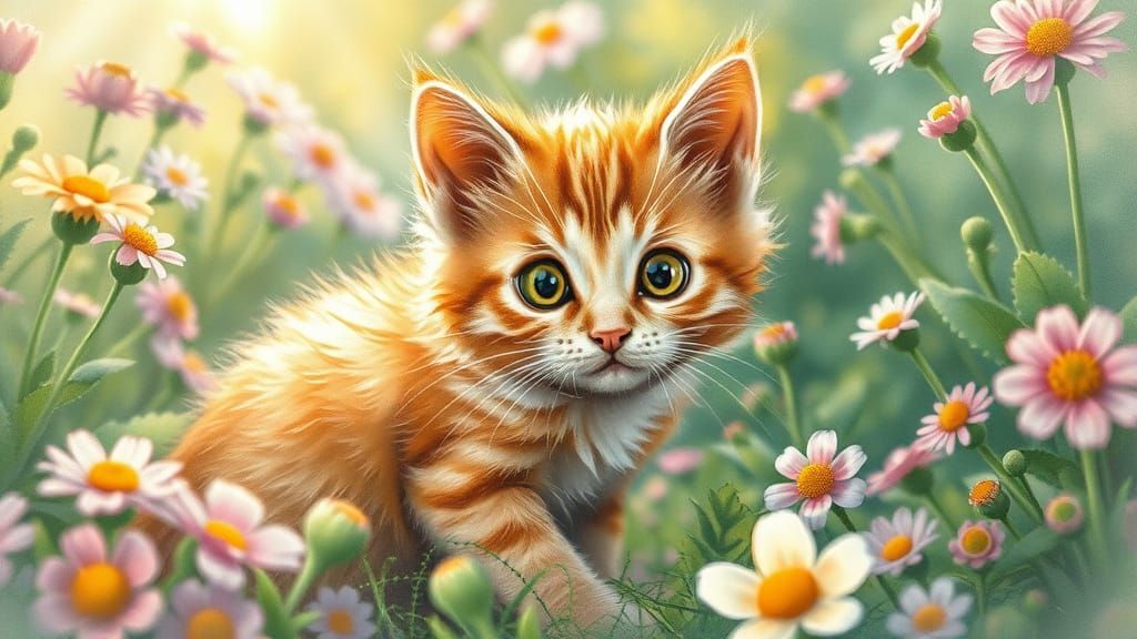 Ginger Kitten's Garden: A Whimsical Watercolor Illustration