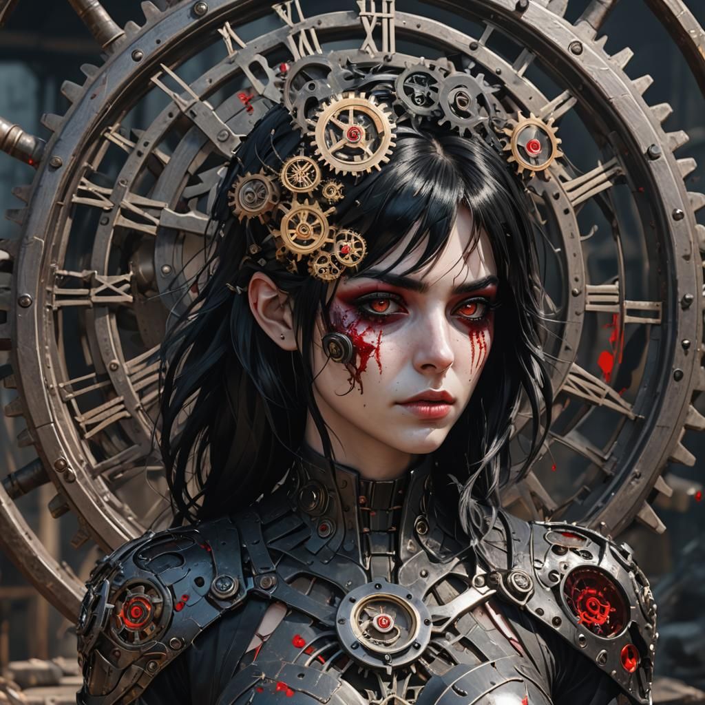 Surreal Goth Girl with Clockwork Gears, 8K Concept Art