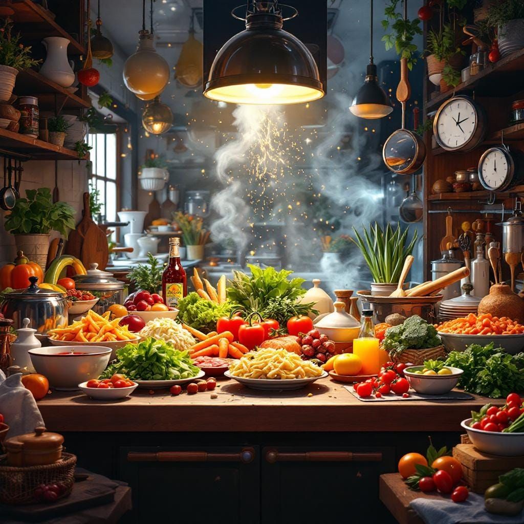 Hyperrealistic Kitchen with Gourmet Food and Equipment
