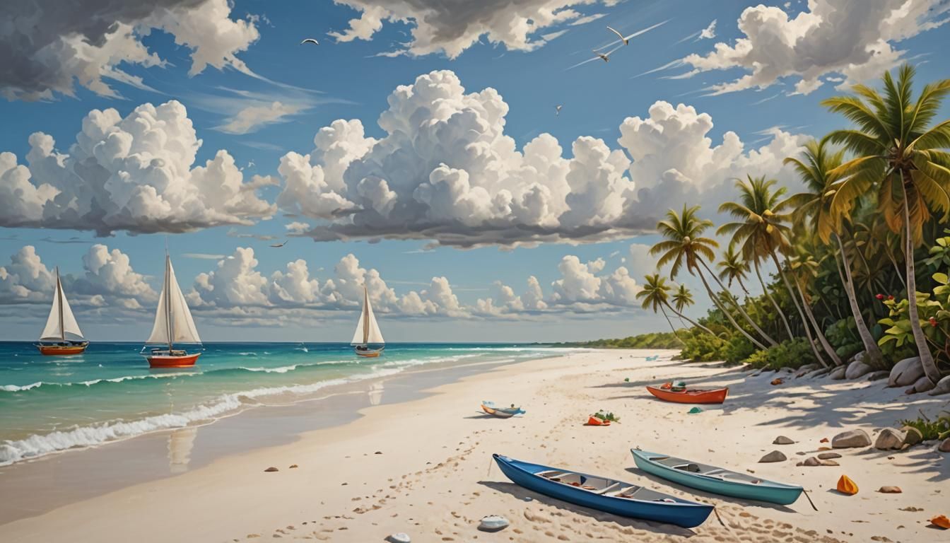 Tropical Beach Scene with Kayaks and Sailboats
