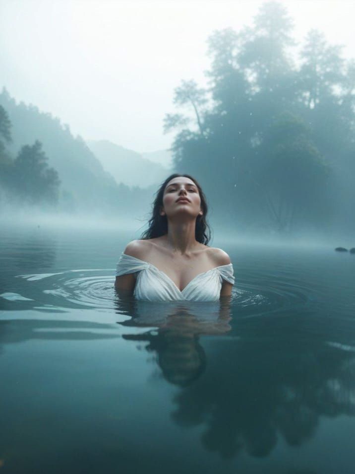 Enchanting Bare Woman Rises from the Lake in a Dreamlike Sce...