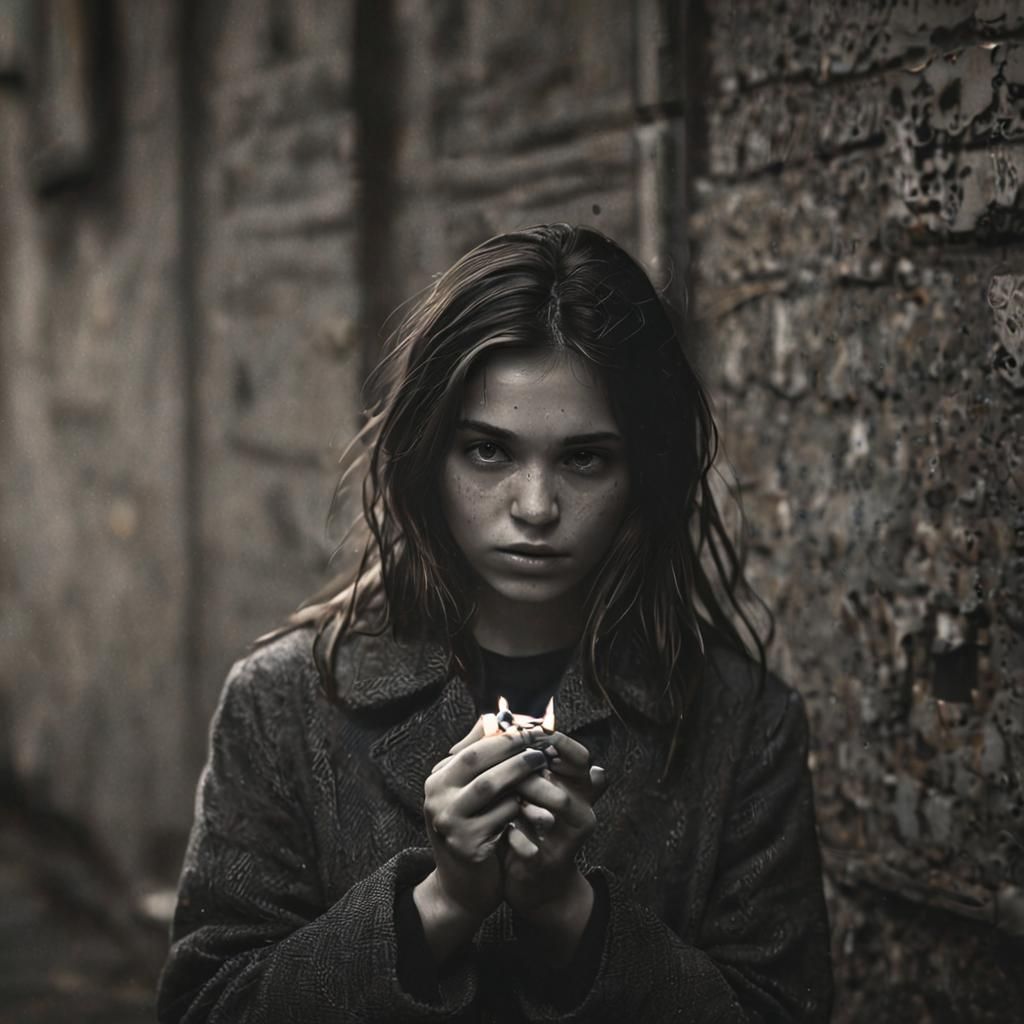 Lonely Girl Sells Matches Under Desolate Street Lights