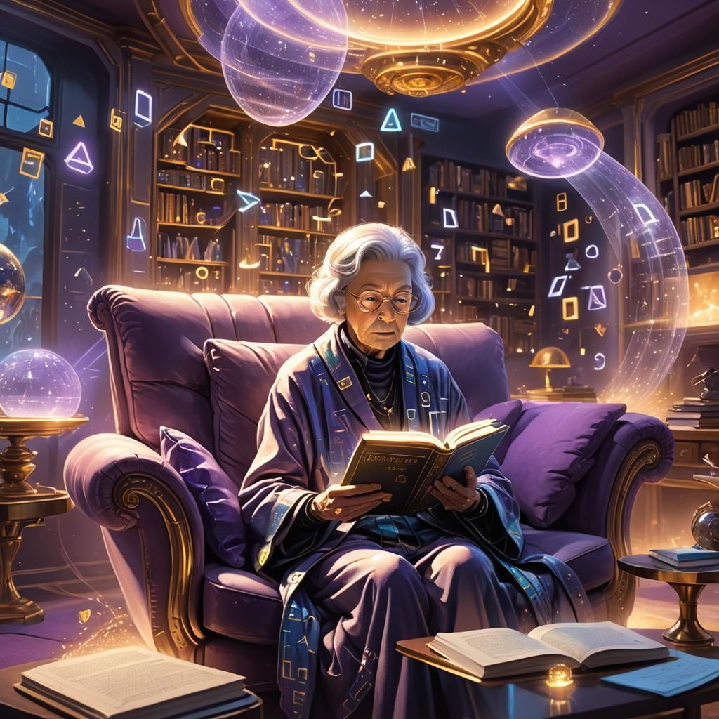 Mystical Old Lady Reads Holographic Book in Futuristic Livin...