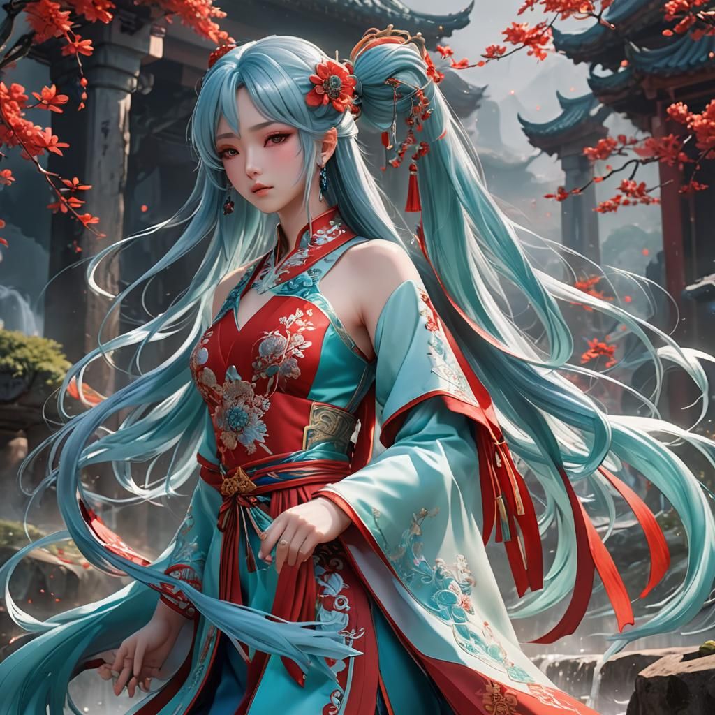 Anime Girl in Red Dress: 3D Art