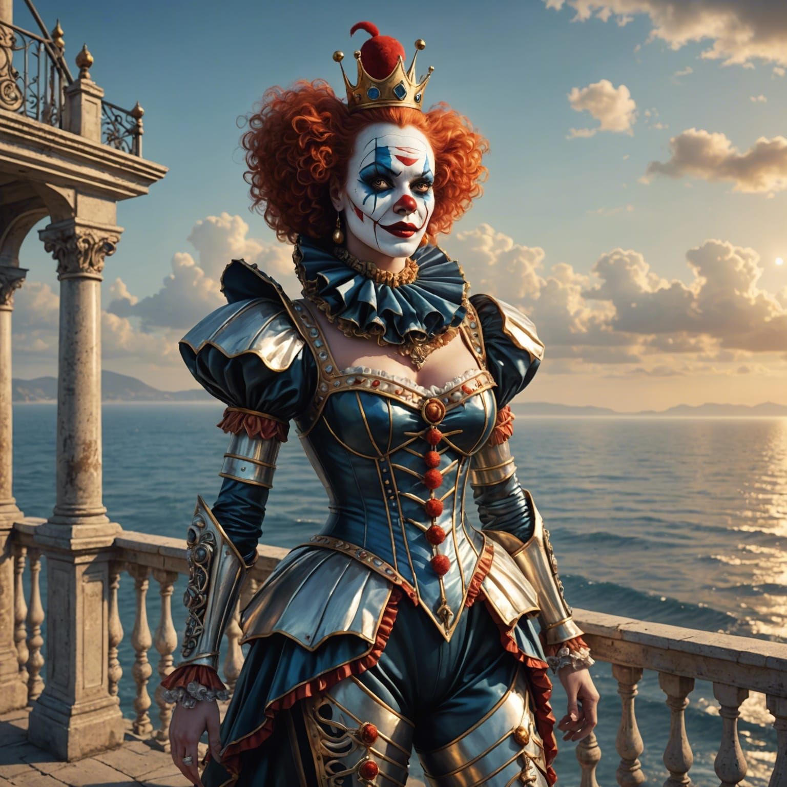 Gorgeous Clown in Shiny Armor, Hyperrealistic Digital Art