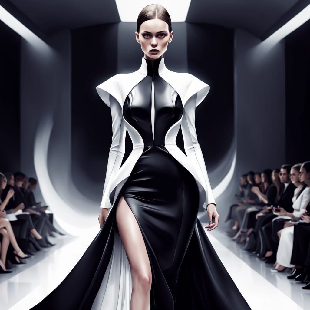 Elegant Female Model in Futuristic Haute Couture