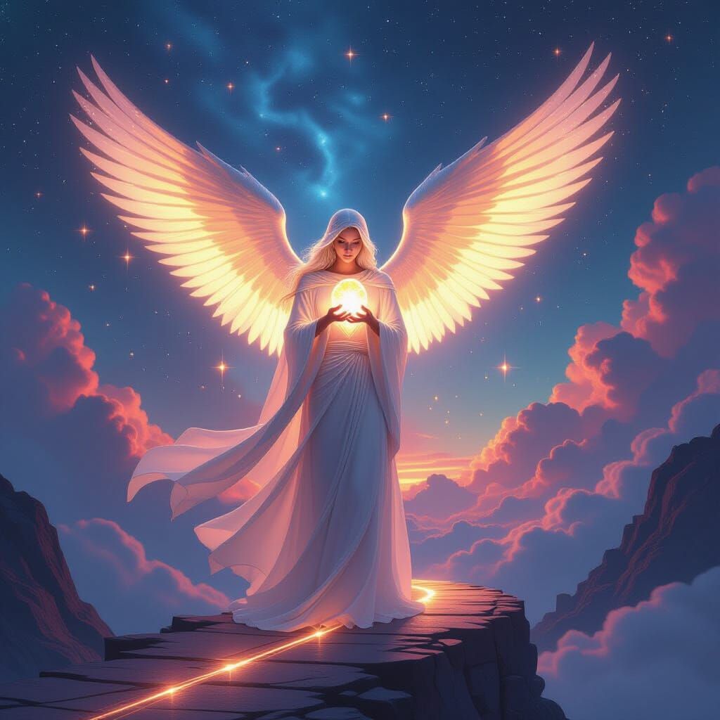 Celestial Being on Light Bridge Between Nebulae