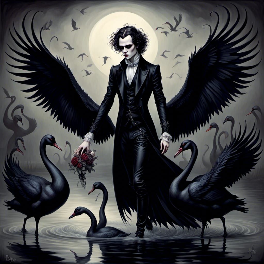 Black Swans Gliding Across Pond in Painterly Style